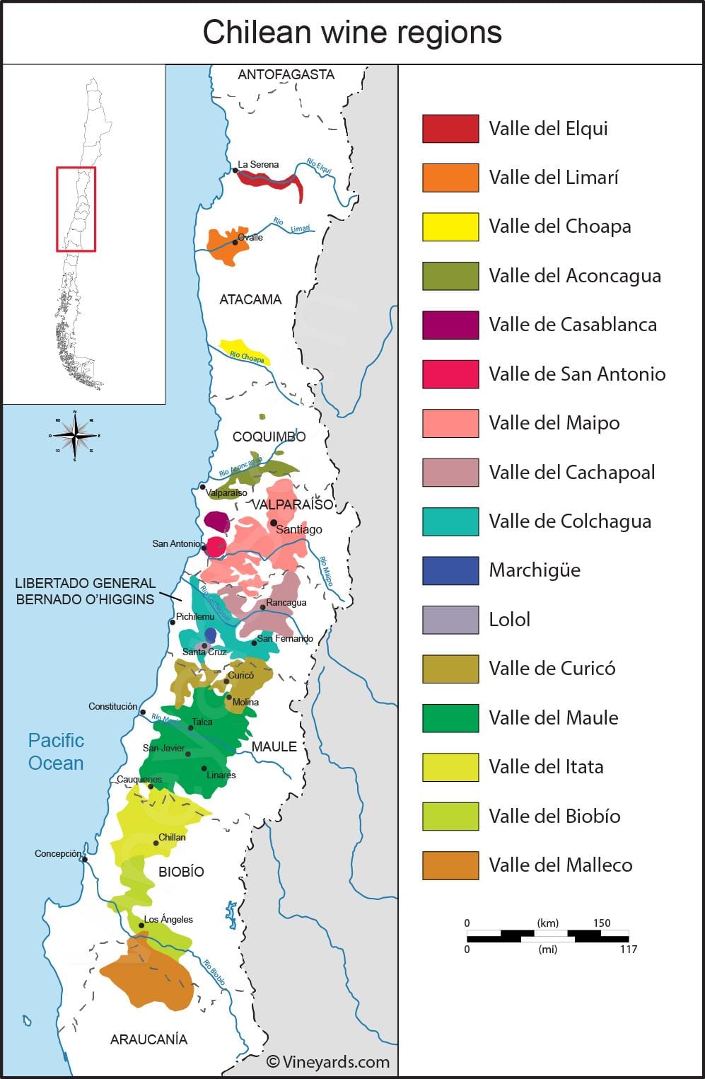 Carte des régions viticoles du Chili 